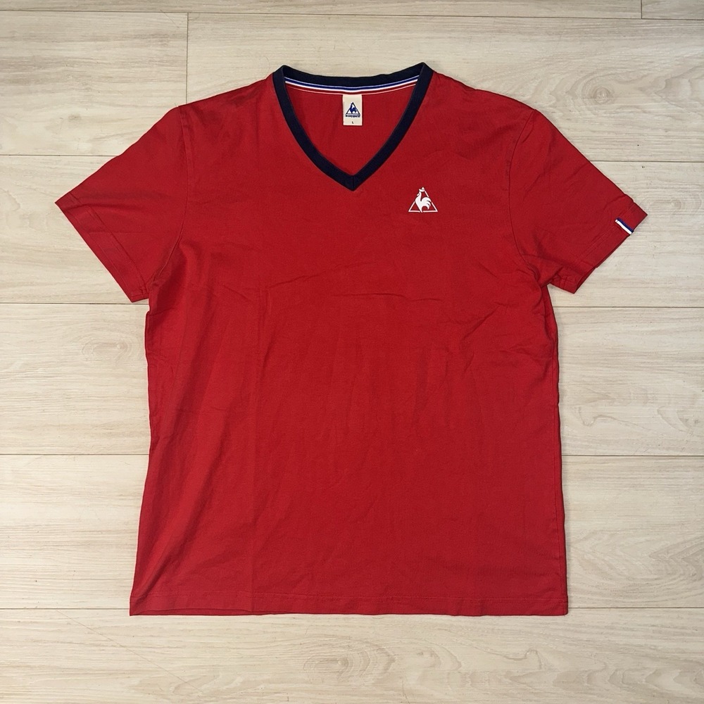 VINTAGE LE COQ SPORTIF FOOTBALL SHORT SLEEVE SHIRT SZ LARGE V-NECK RED